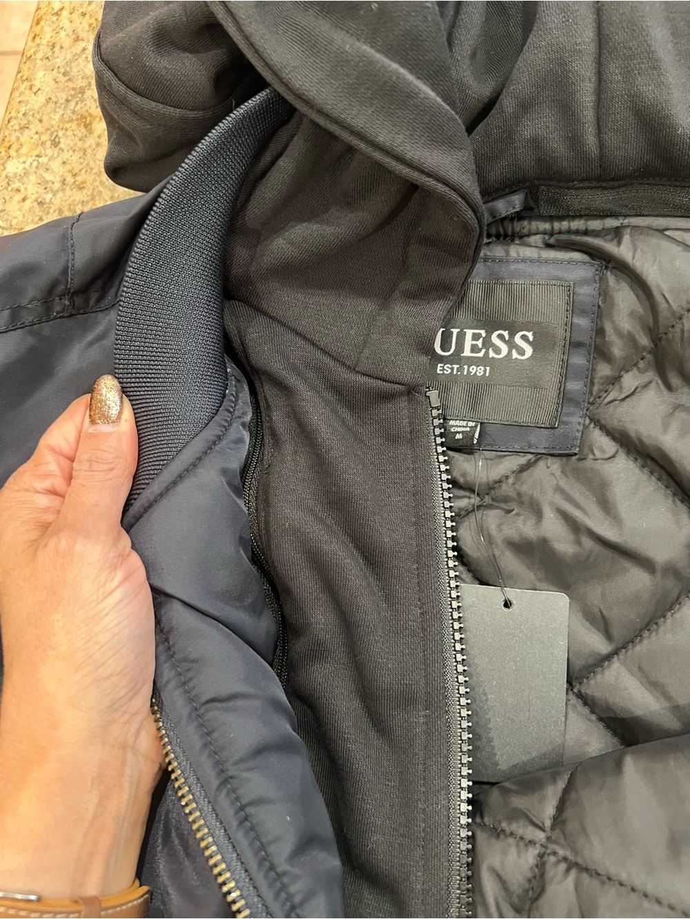 GUESS Men’s Hooded Bomber Jacket Jet Black Size Medium NWT Flaw - Picture 8 of 12